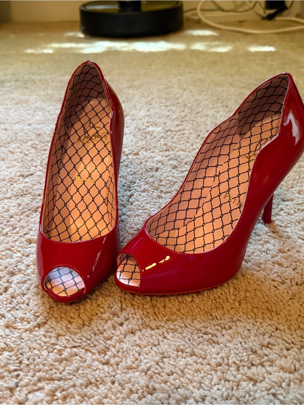 Christian Louboutin Red Patent Peep-Toe Heels - size 35/US 5